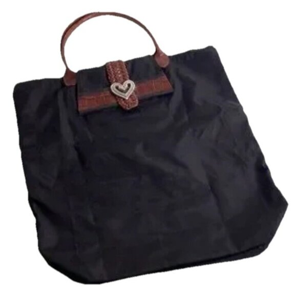 Brighton Caroline Black Nylon Brown Croc Embossed Leather Trim Folding Tote Bag - Picture 1 of 5